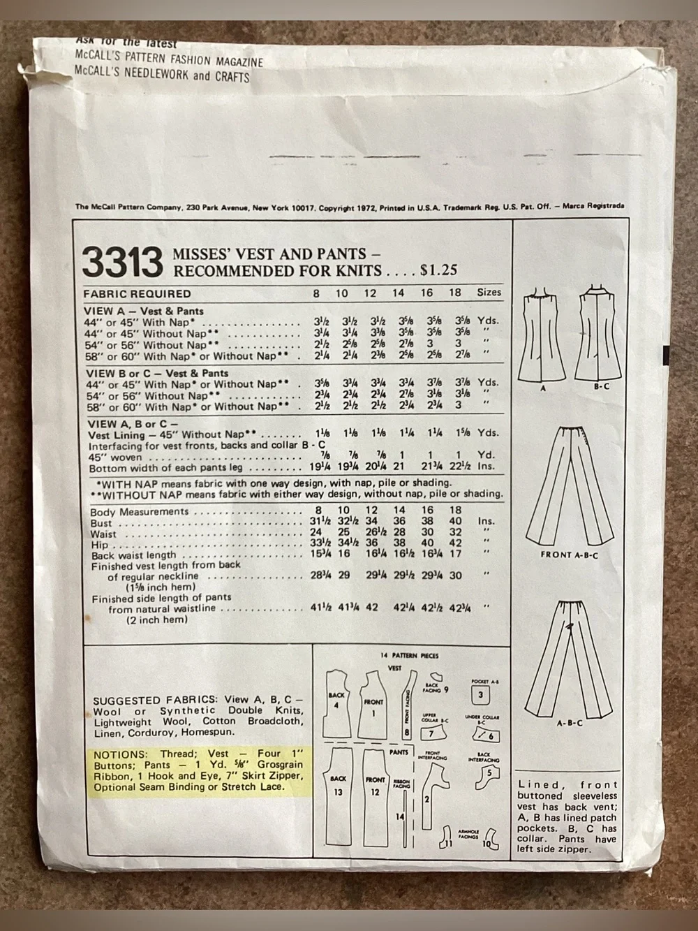 Vintage 1972 McCall's 3313 Sewing Pattern Misses' Vest & Pants, 70s